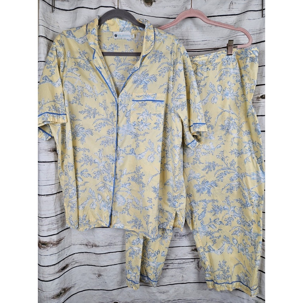 Ella Simone Floral Birds Pajamas Set 2X Top Pants Yellow Blue Womens 2 Pc Cotton